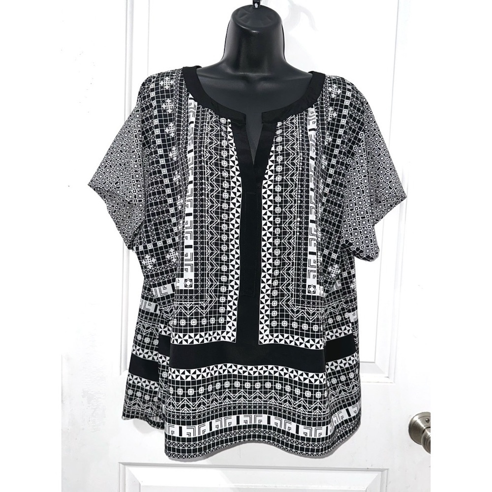 Style & Co split-neck blouse, featuring a bold black white geometric tile print